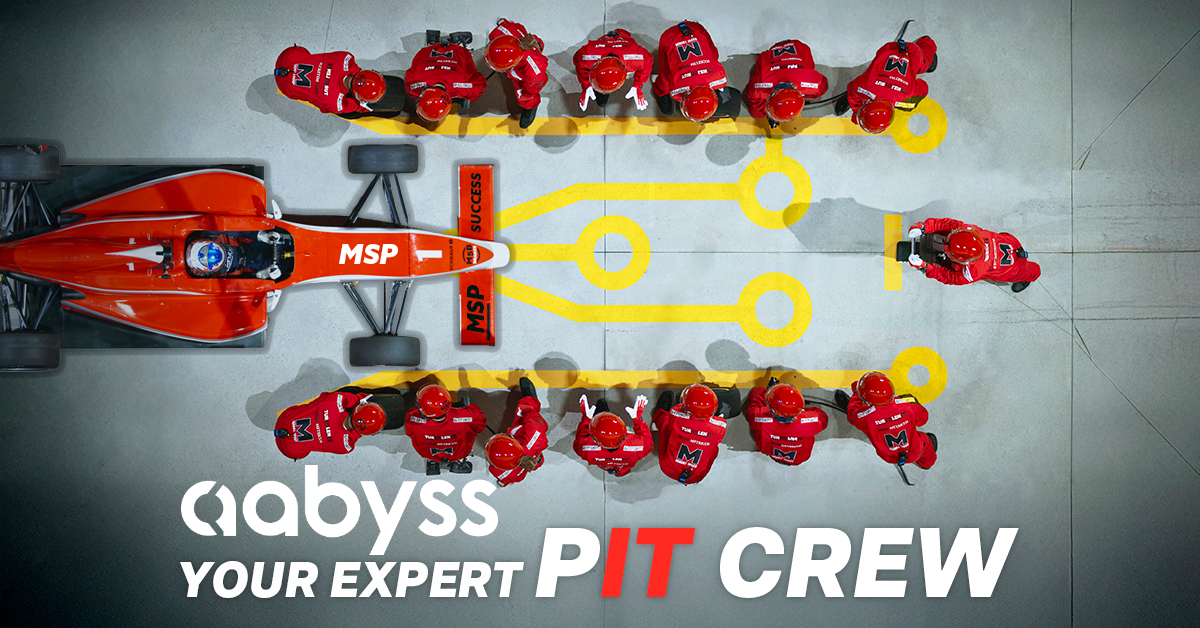 Image of a F1 Pit Crew servicing a car showing speed and efficiency. Aabyss cybersecurity has the same values.  